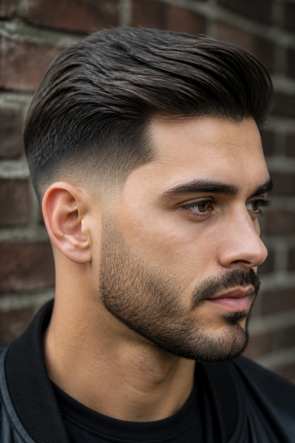 Close-up of a man with temple fade comb over and medium-length top.