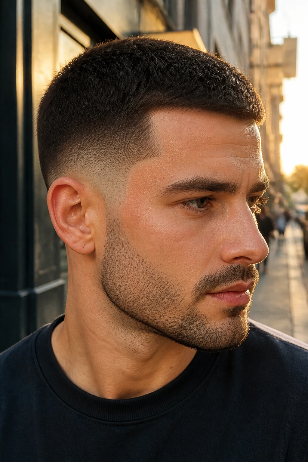 Portrait of a man with temple fade crew cut on a sidewalk