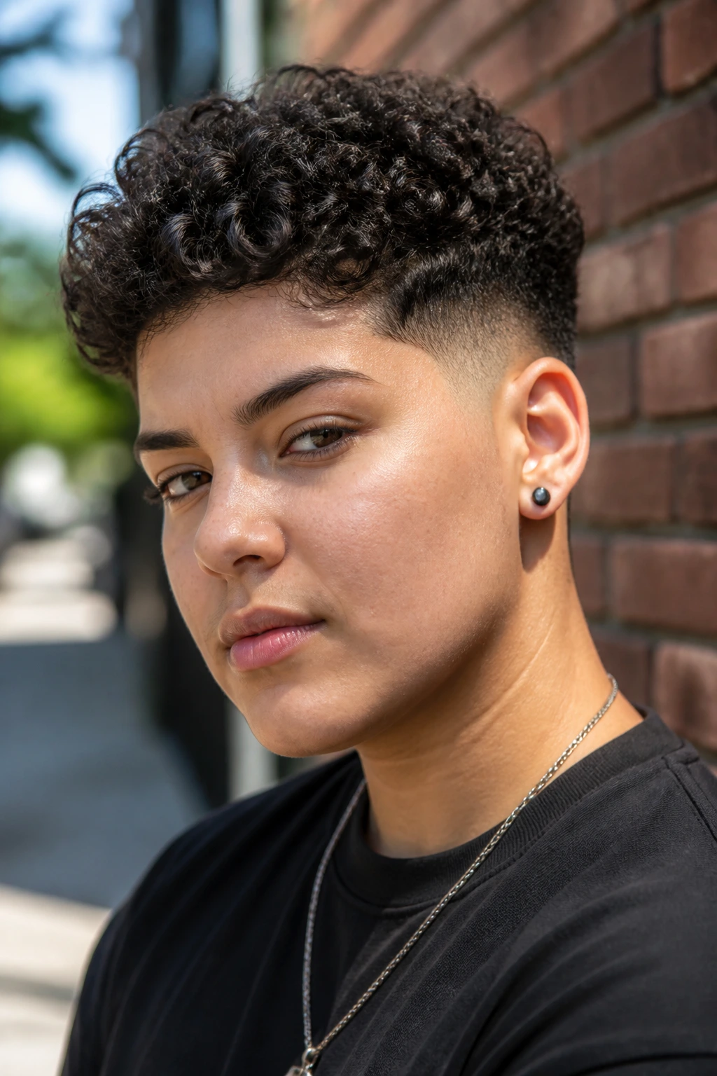 Close-up portrait of a real person with temple fade and stacked curls.