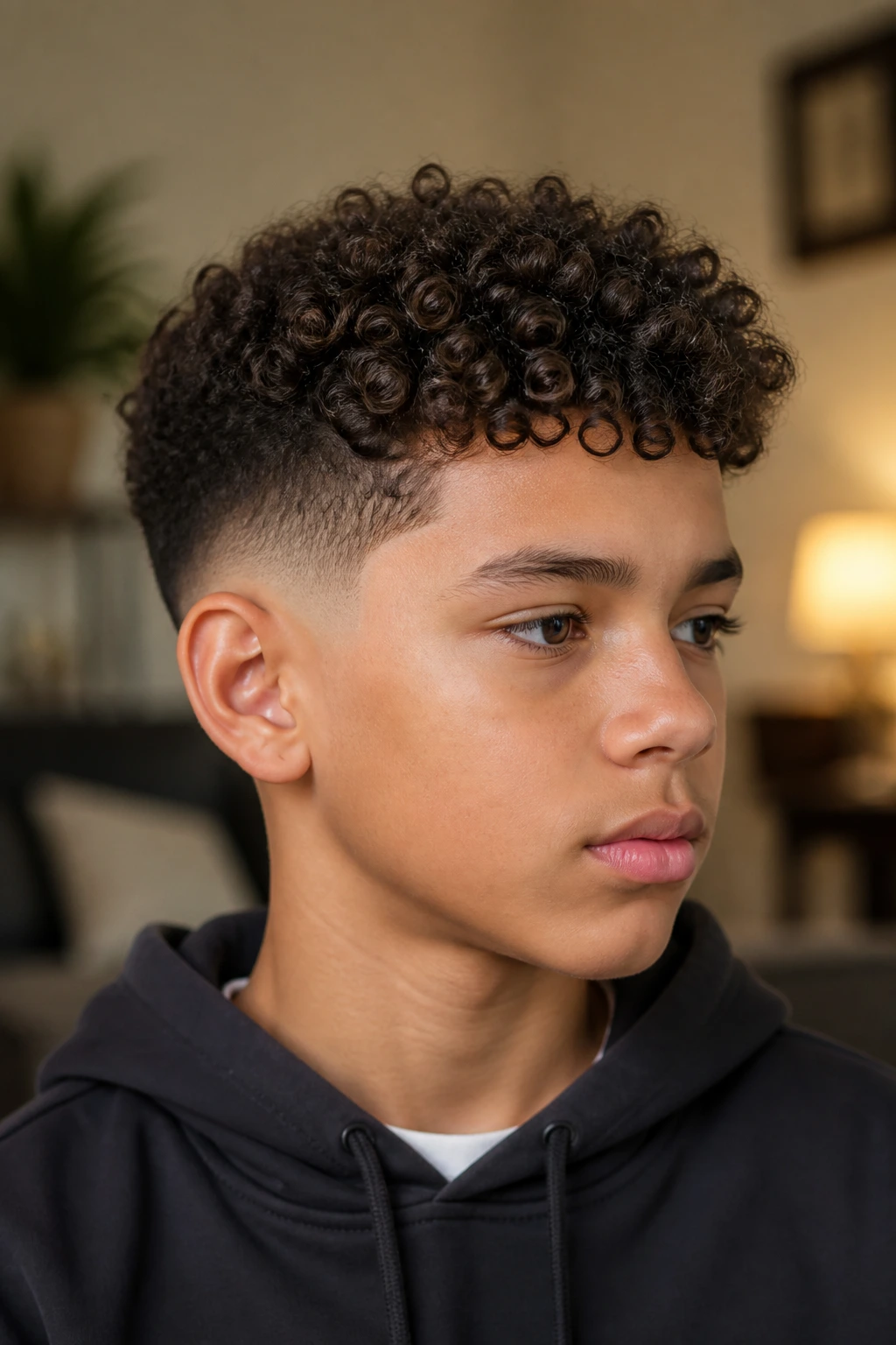 Close-up of a real boy with temple fade and defined curls