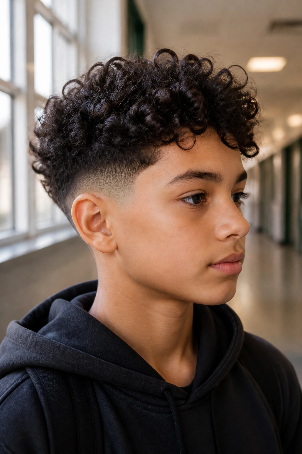 Portrait of a boy with temple fade curls and a clean edge at the temples