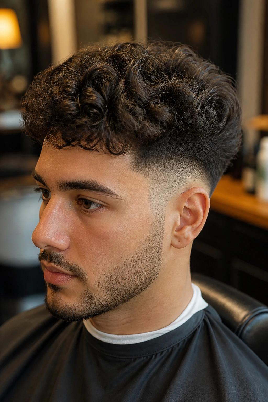 Man with temple fade and curly top, clean sides.
