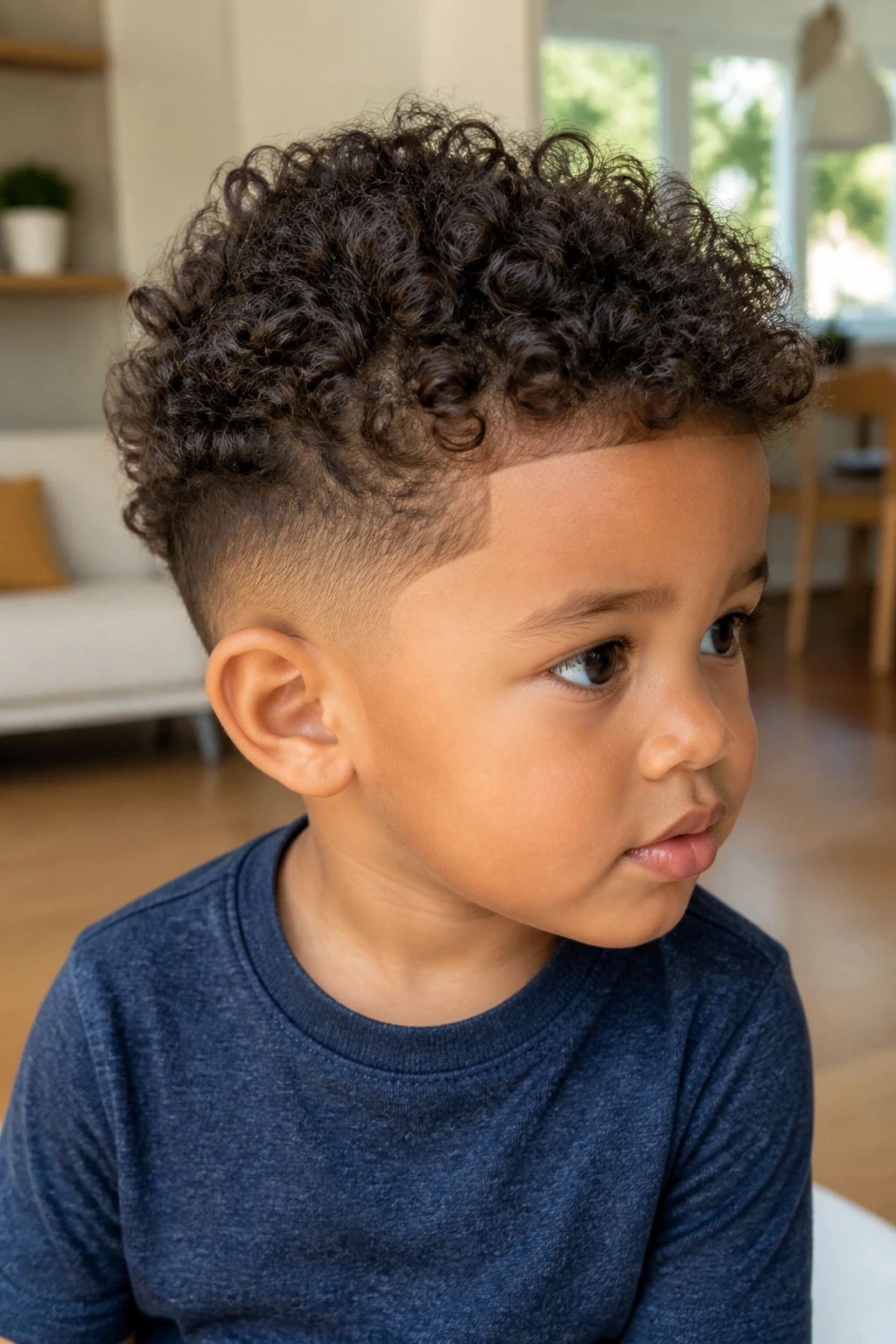 Close-up of a toddler boy with temple fade and curls on top