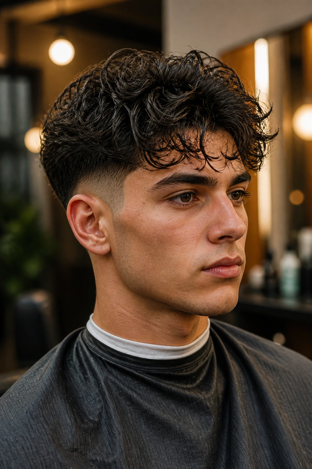 Close-up of a person with temple fade and curly curtain bangs in a stylish salon.