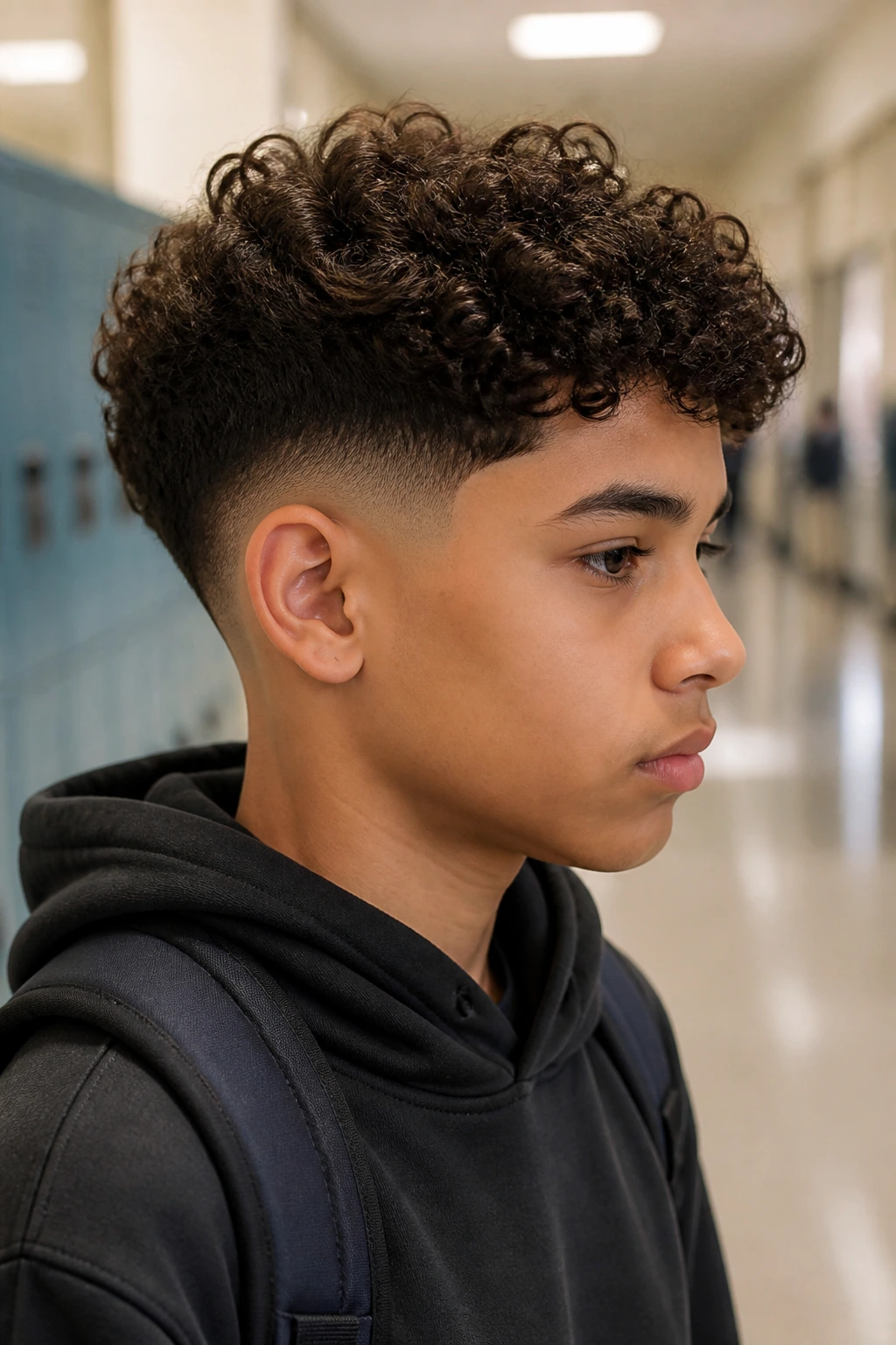 Boy with temple fade and curly top in profile