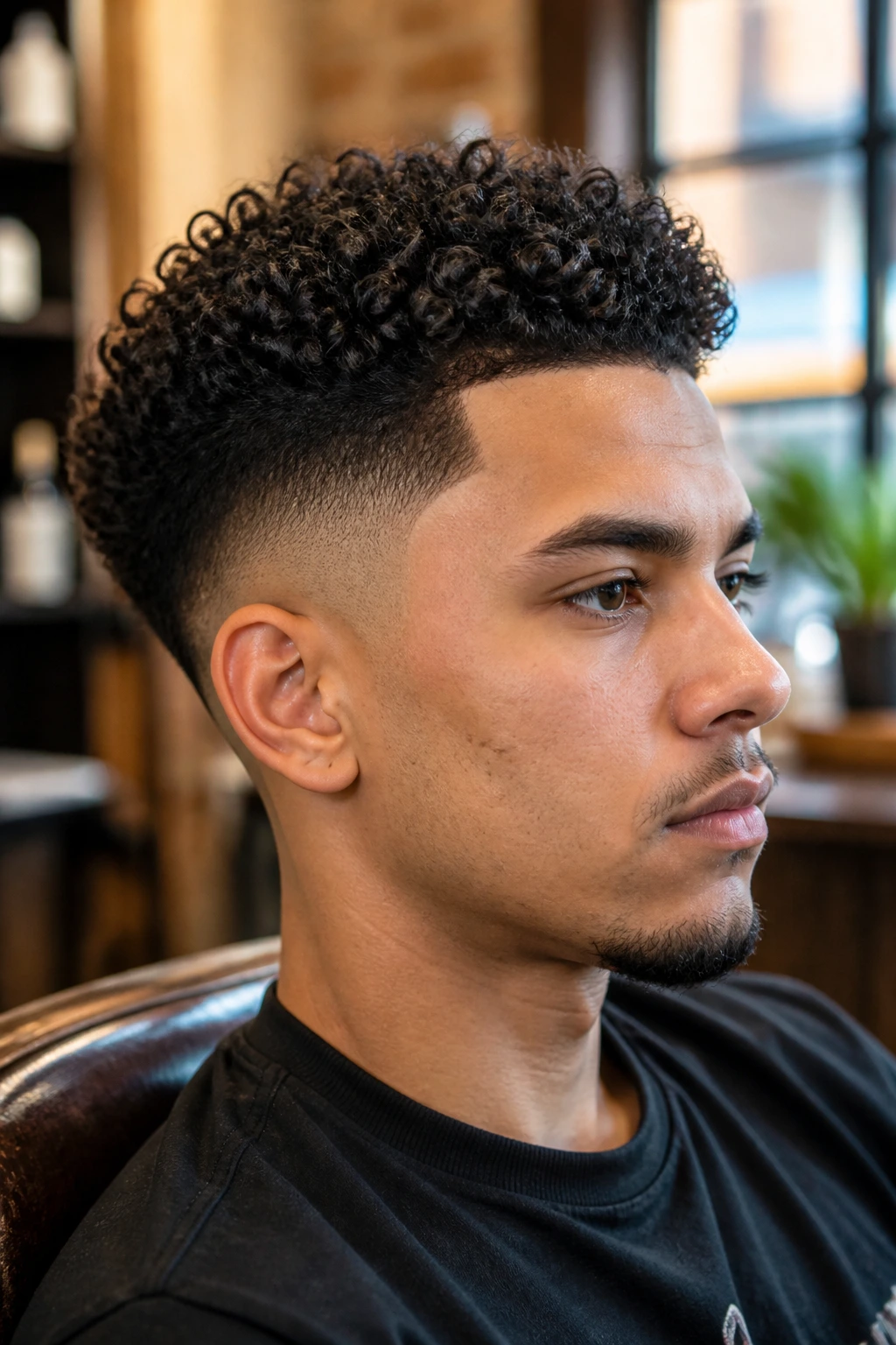 Close-up of a man with temple fade and defined curls in a barbershop setting