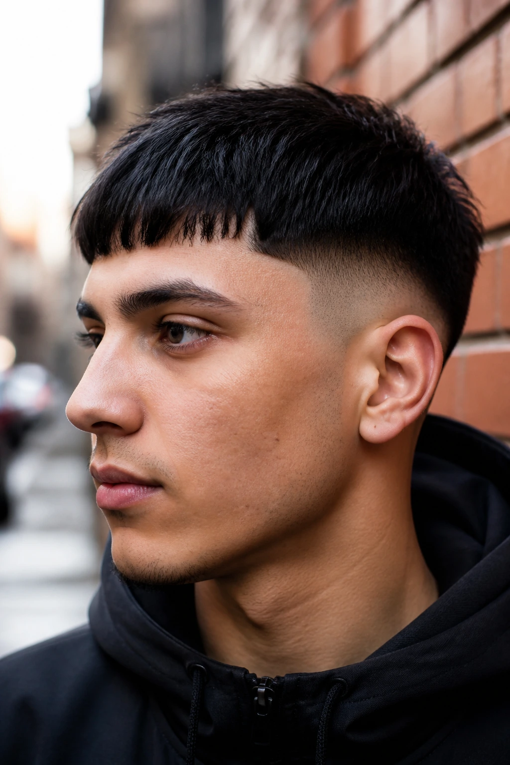 Portrait of a man with Temple Fade Edgar Cut, sharp front fringe and temple fade.