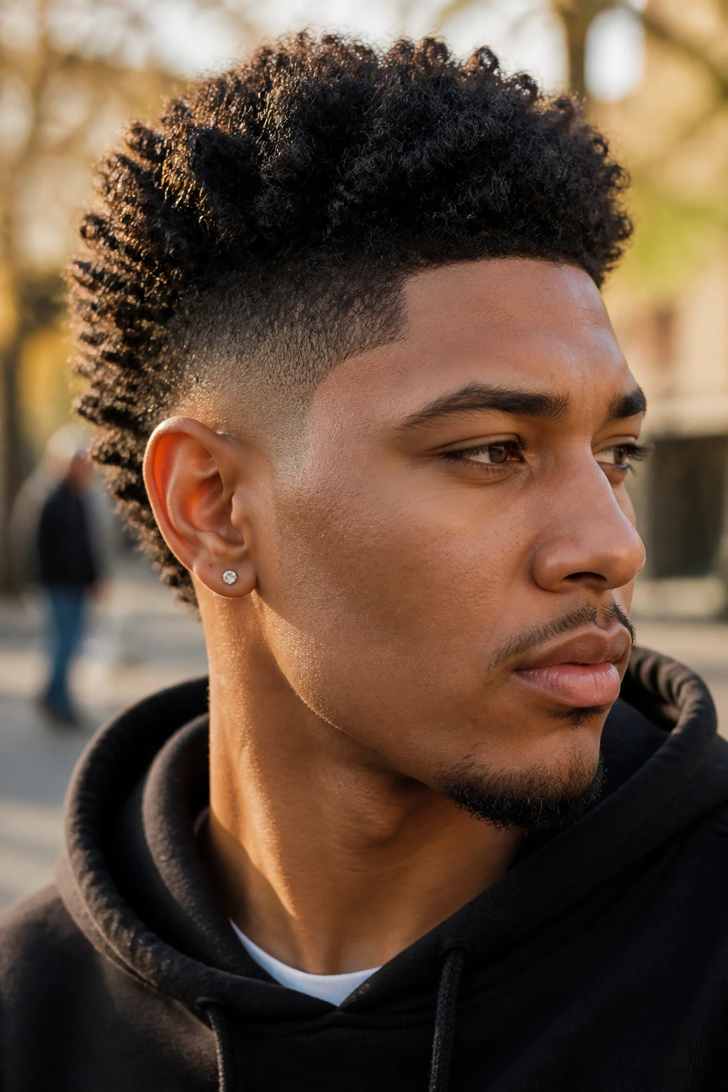 Close-up portrait of a person with temple fade frohawk hairstyle in street setting