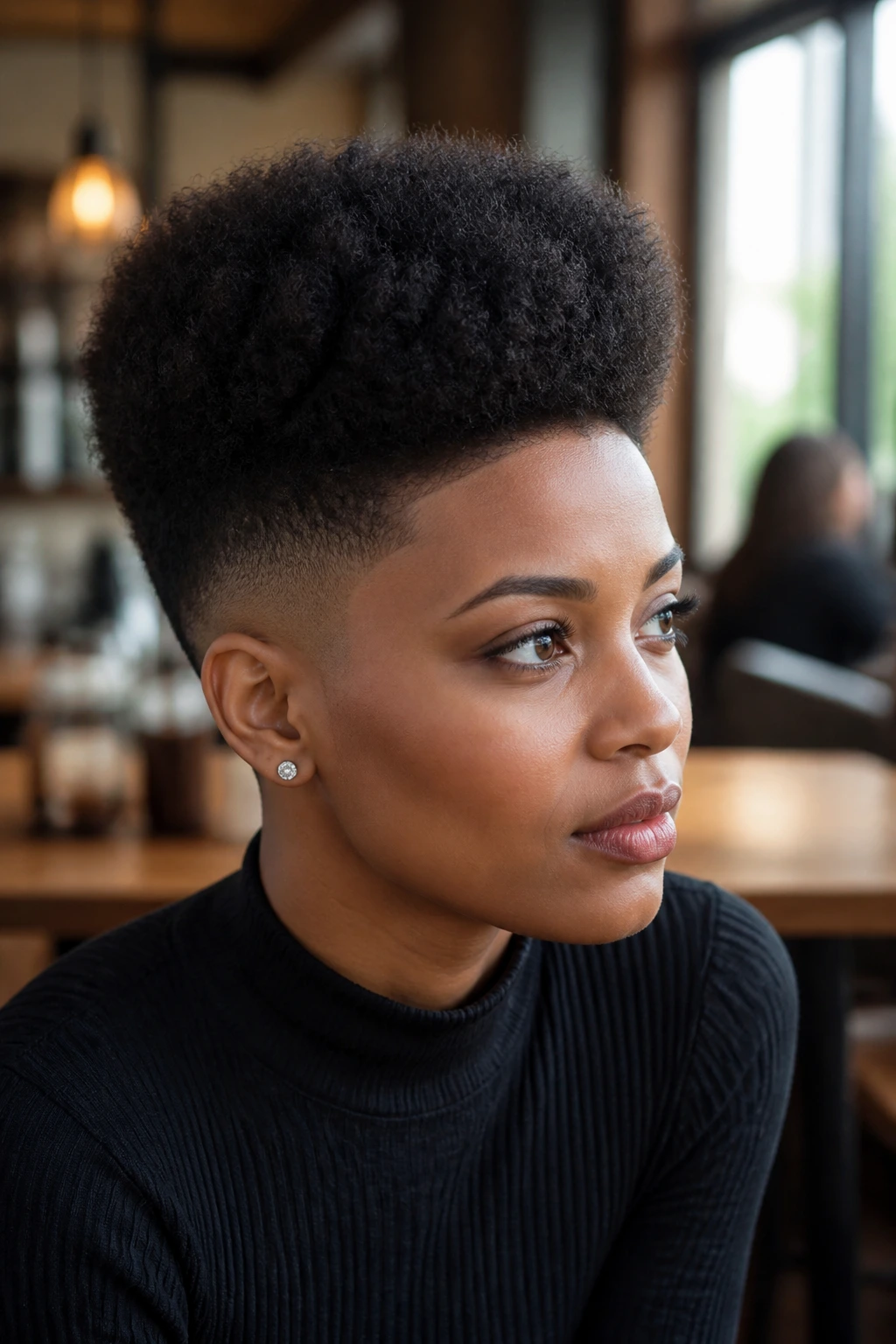 Close-up of a person with temple fade high top in a cafe setting.