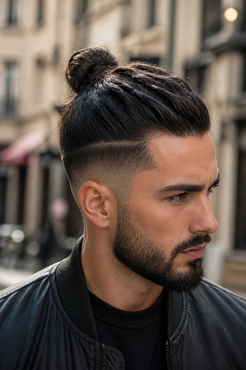 Close-up portrait of a man with a temple-fade knot hairstyle outdoors