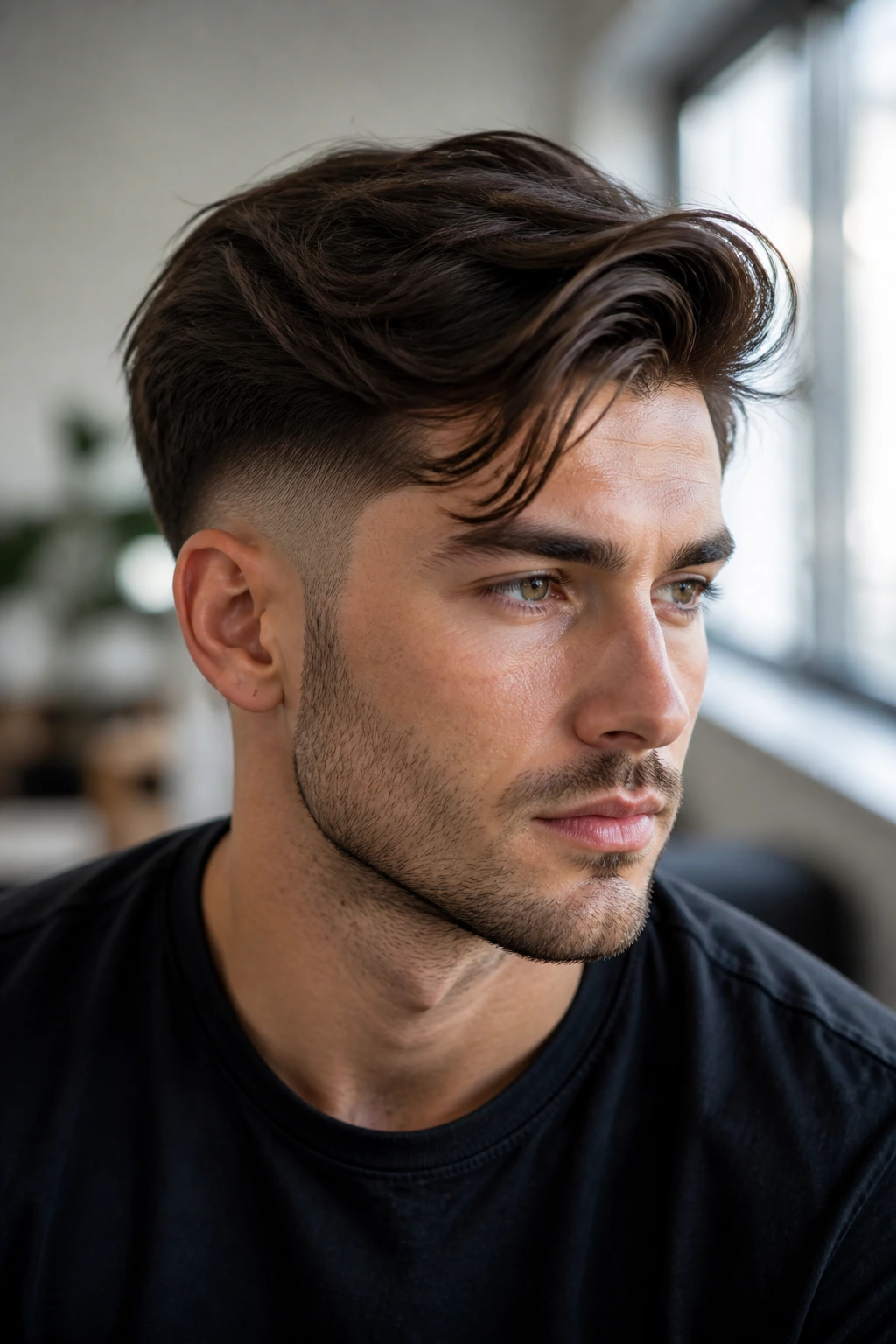Close-up of man with temple fade and side-swept layered top
