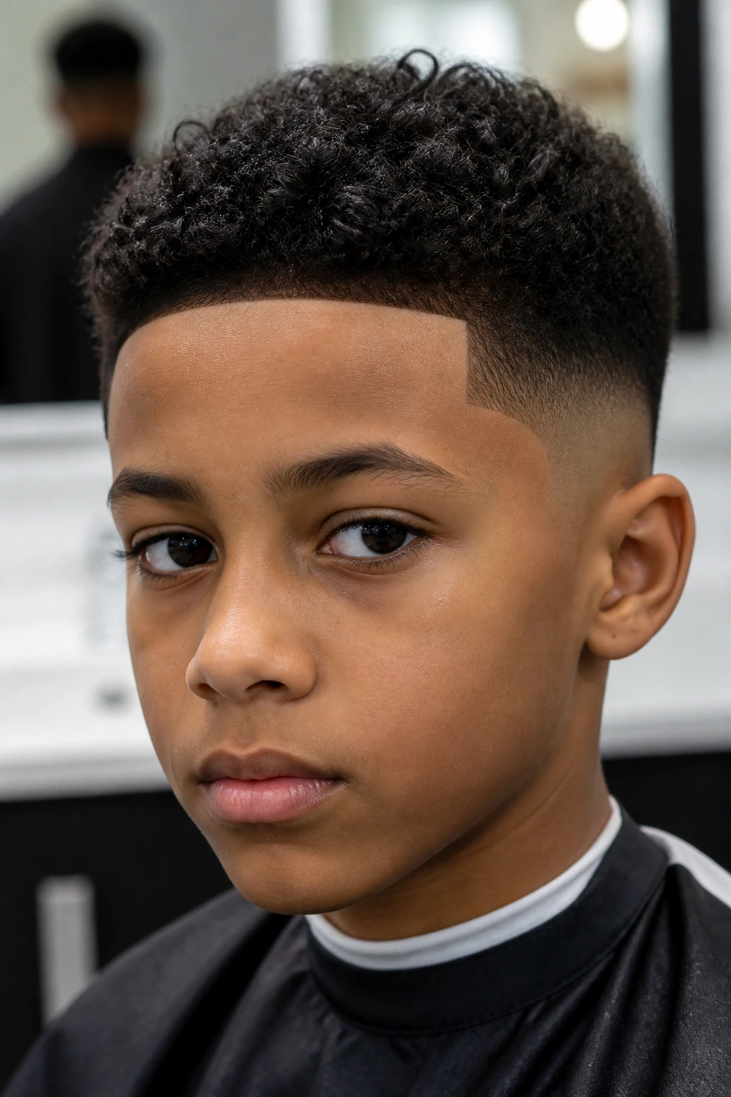 Close-up of a boy with temple fade and sharp line-up