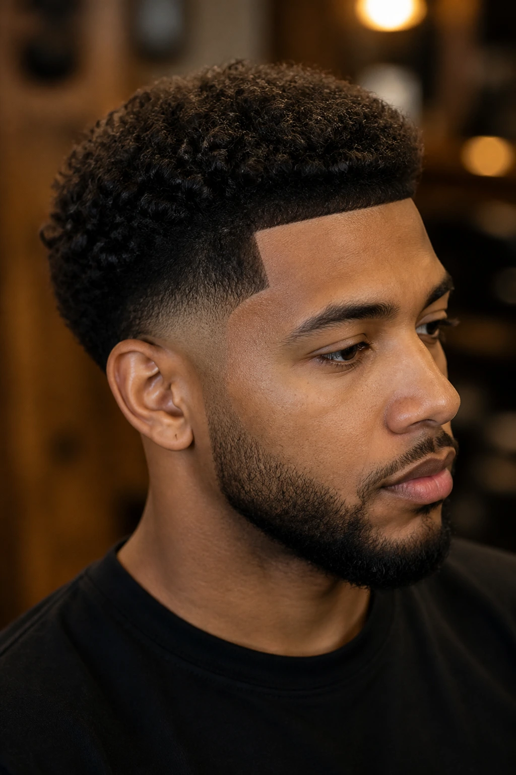 Close-up portrait of a man with temple fade and crisp line-up in barber shop lighting