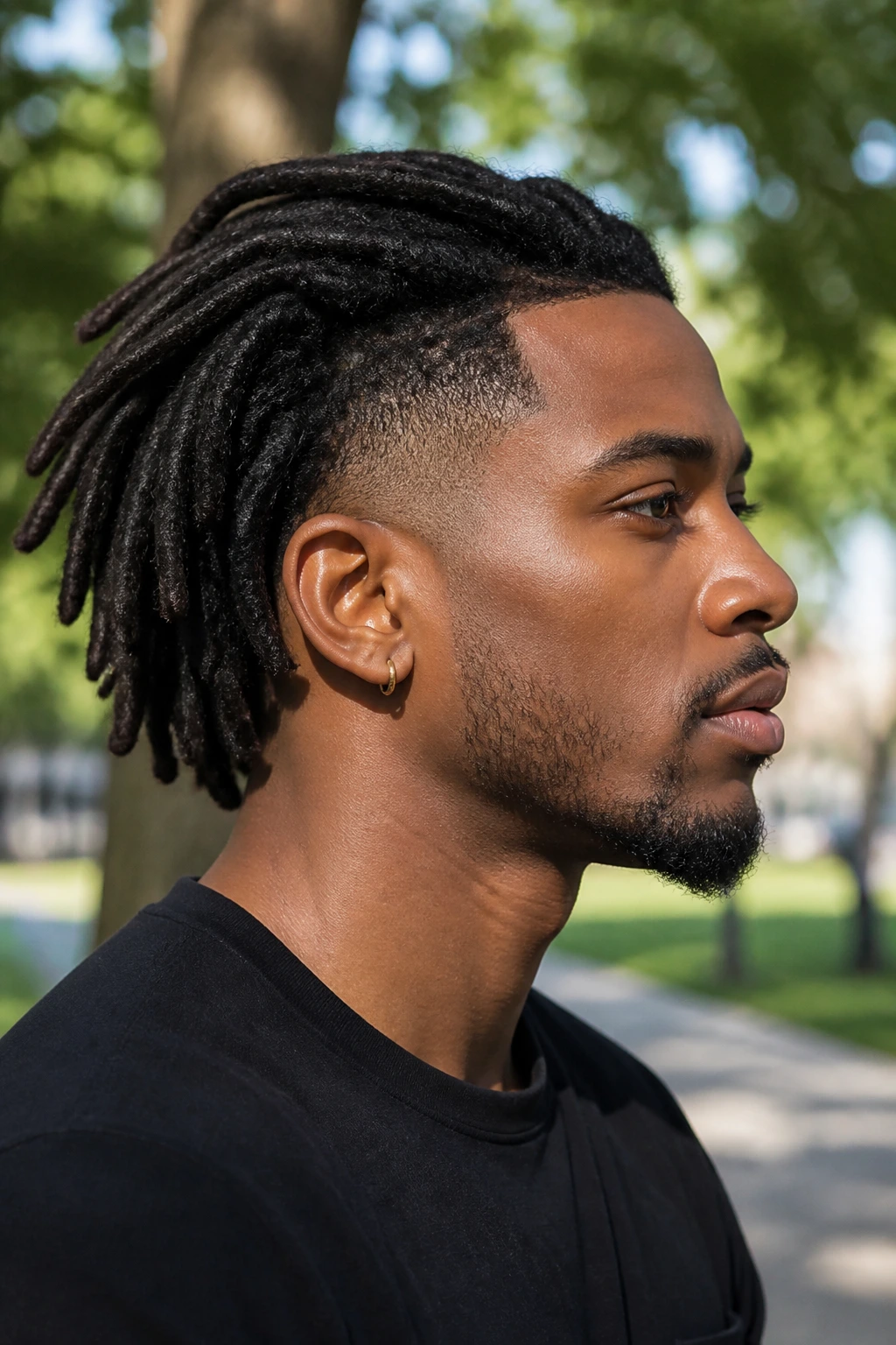 Profile of man with temple fade and full locs in the middle