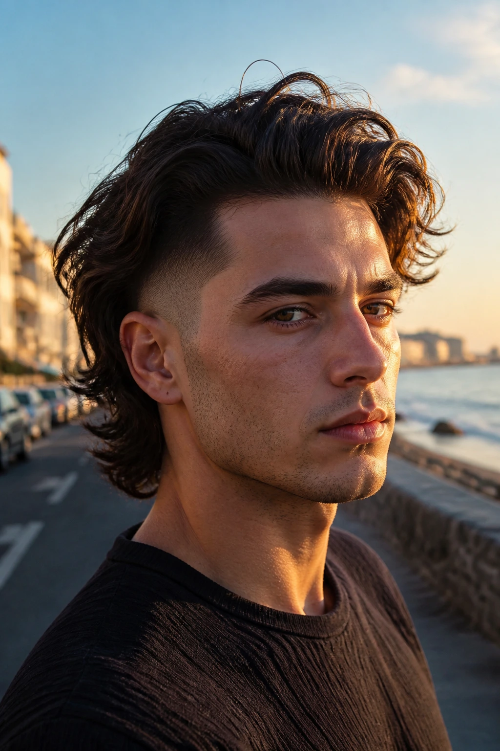 Close-up portrait of temple fade with long waves on top