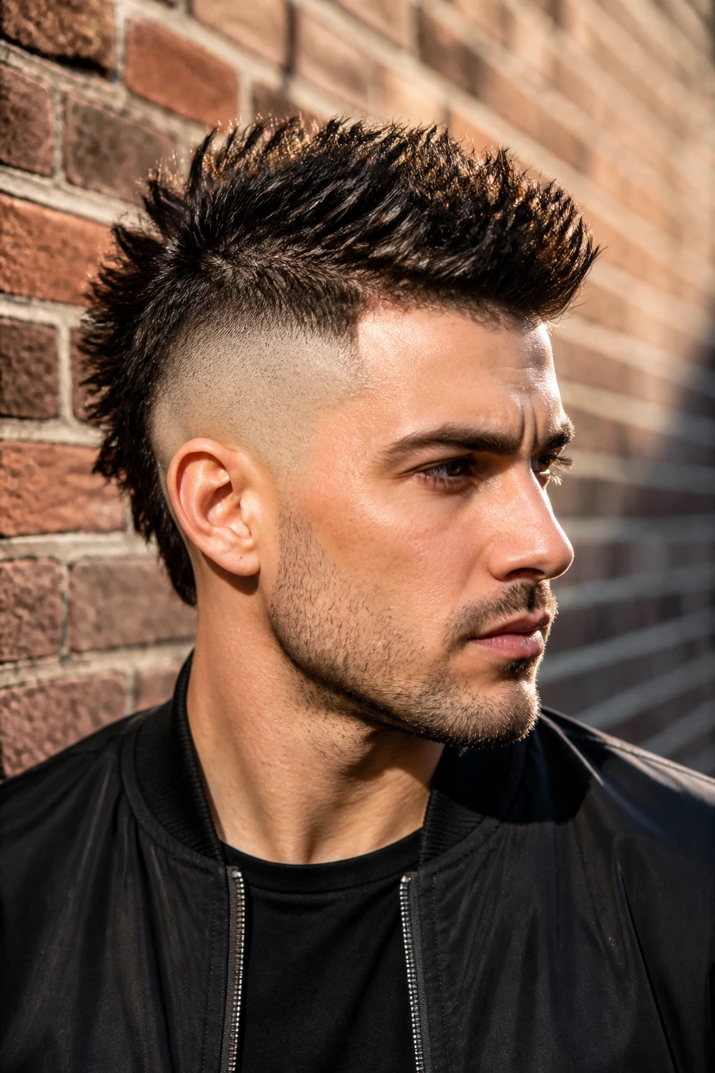 Close-up portrait of a man with a temple fade mohawk on an urban sidewalk