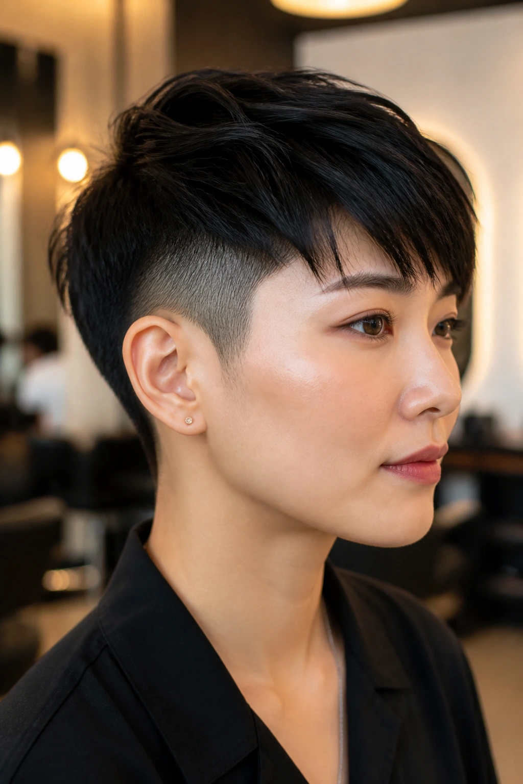 Portrait of an Asian woman with temple-fade pixie undercut