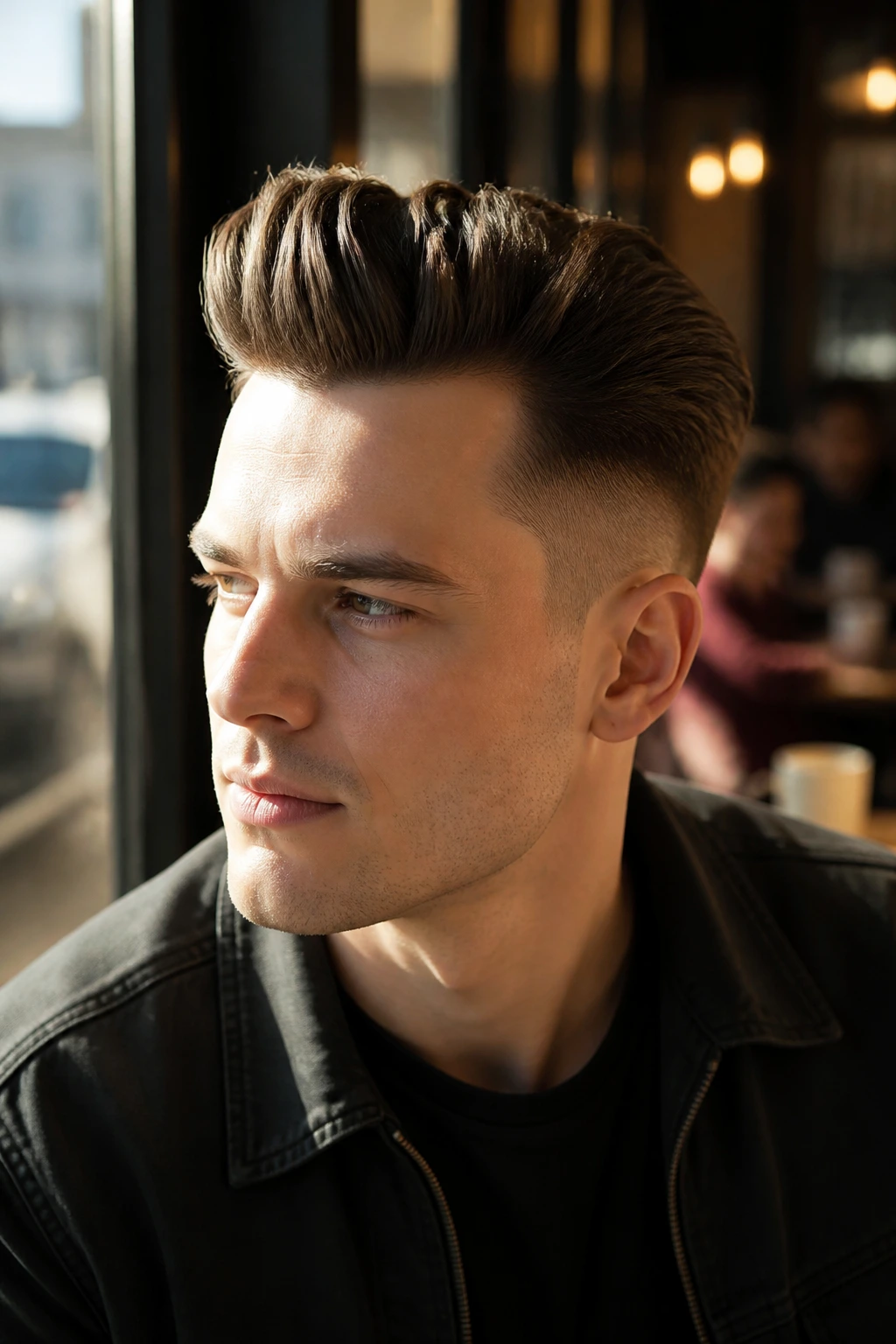 Portrait of man with Temple Fade Pomp in cafe setting