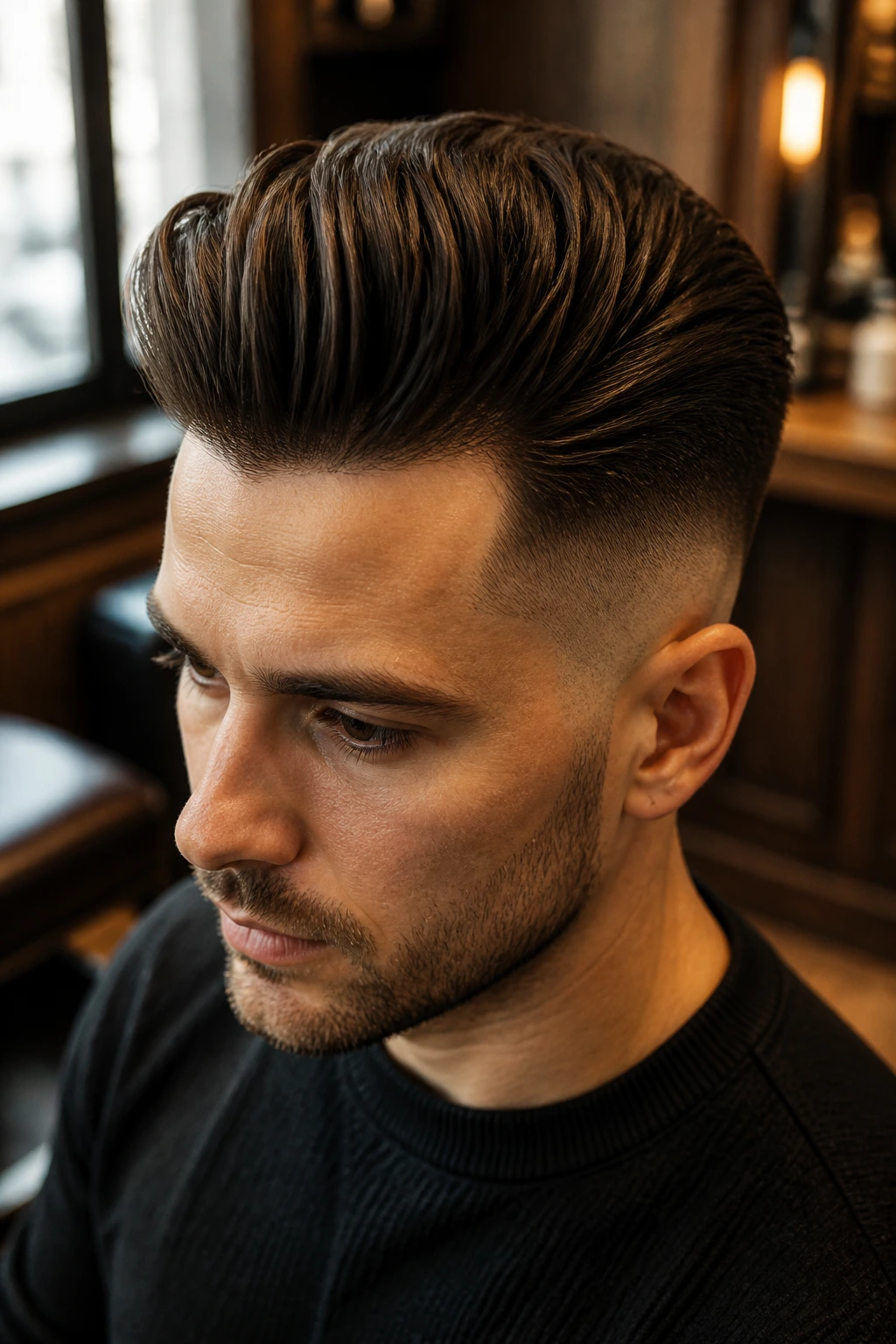 Close-up portrait of a man with temple fade and pompadour