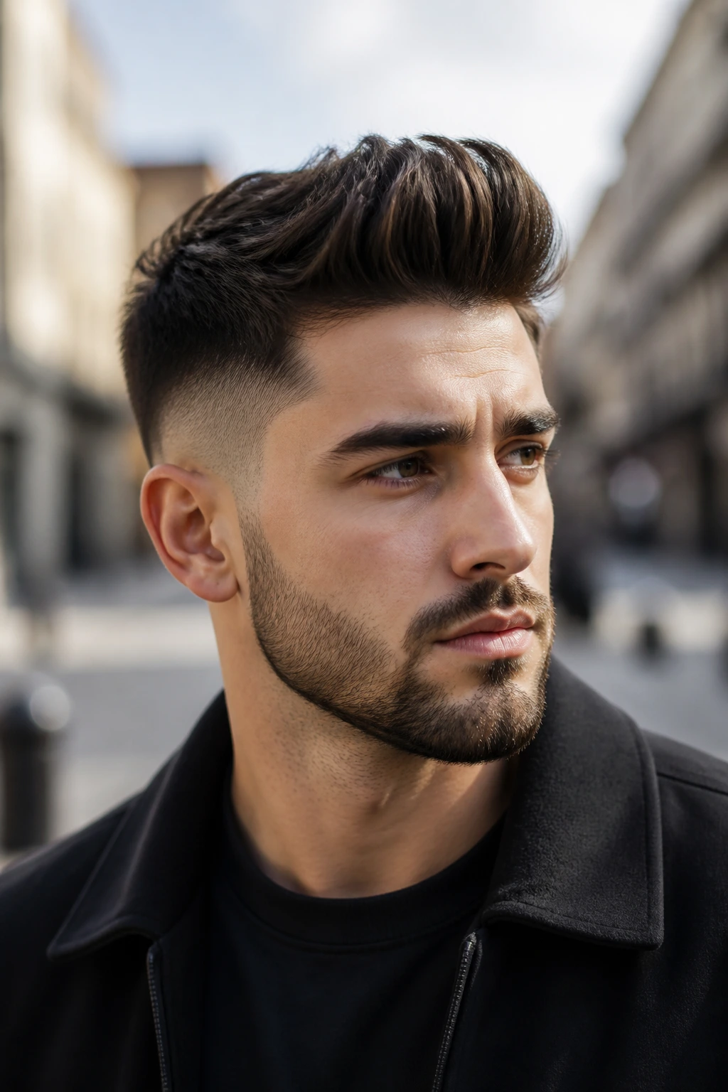 Close-up of man with temple fade quiff and centered lift