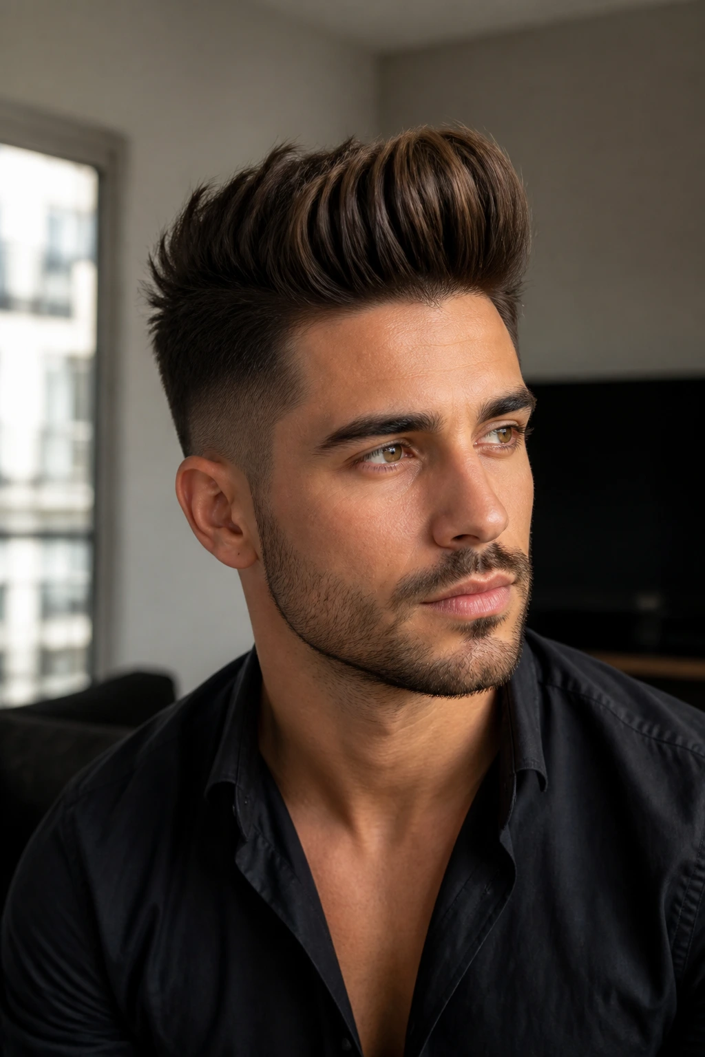 Close-up of a man with a long front quiff and temple fade in bright natural light.