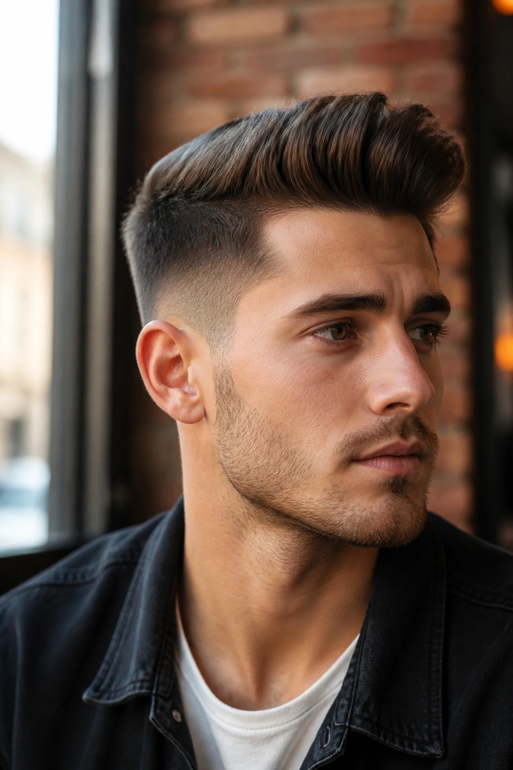Portrait of a man with temple fade quiff in cafe setting