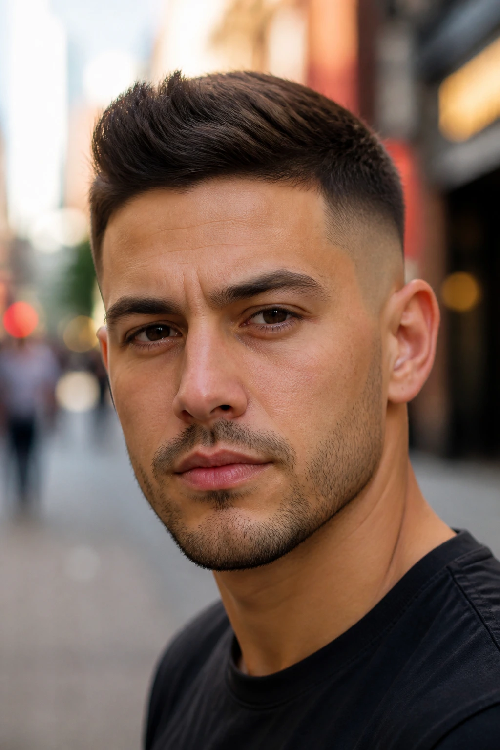 Close-up portrait of a man with a temple fade and short quiff