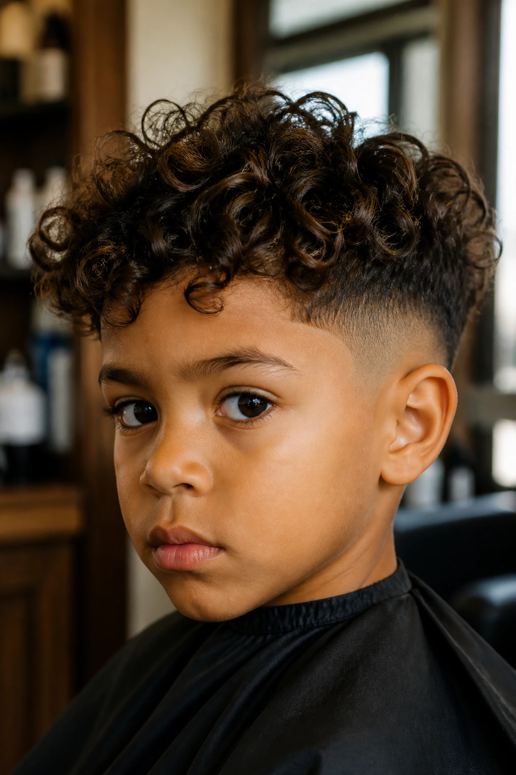 Portrait of a boy with temple fade and loose ringlets