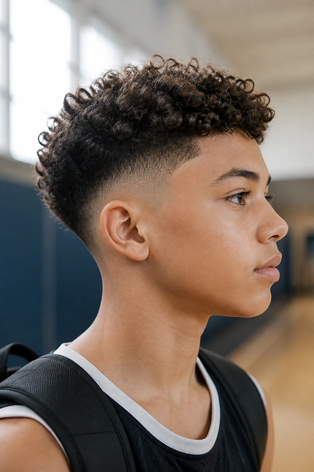 Close-up of a real schoolboy with temple fade and rounded volume