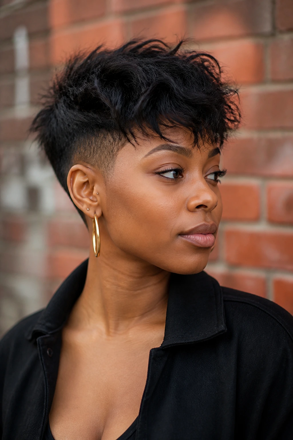 Portrait of a real Black person with temple fade and compact top in urban daylight.
