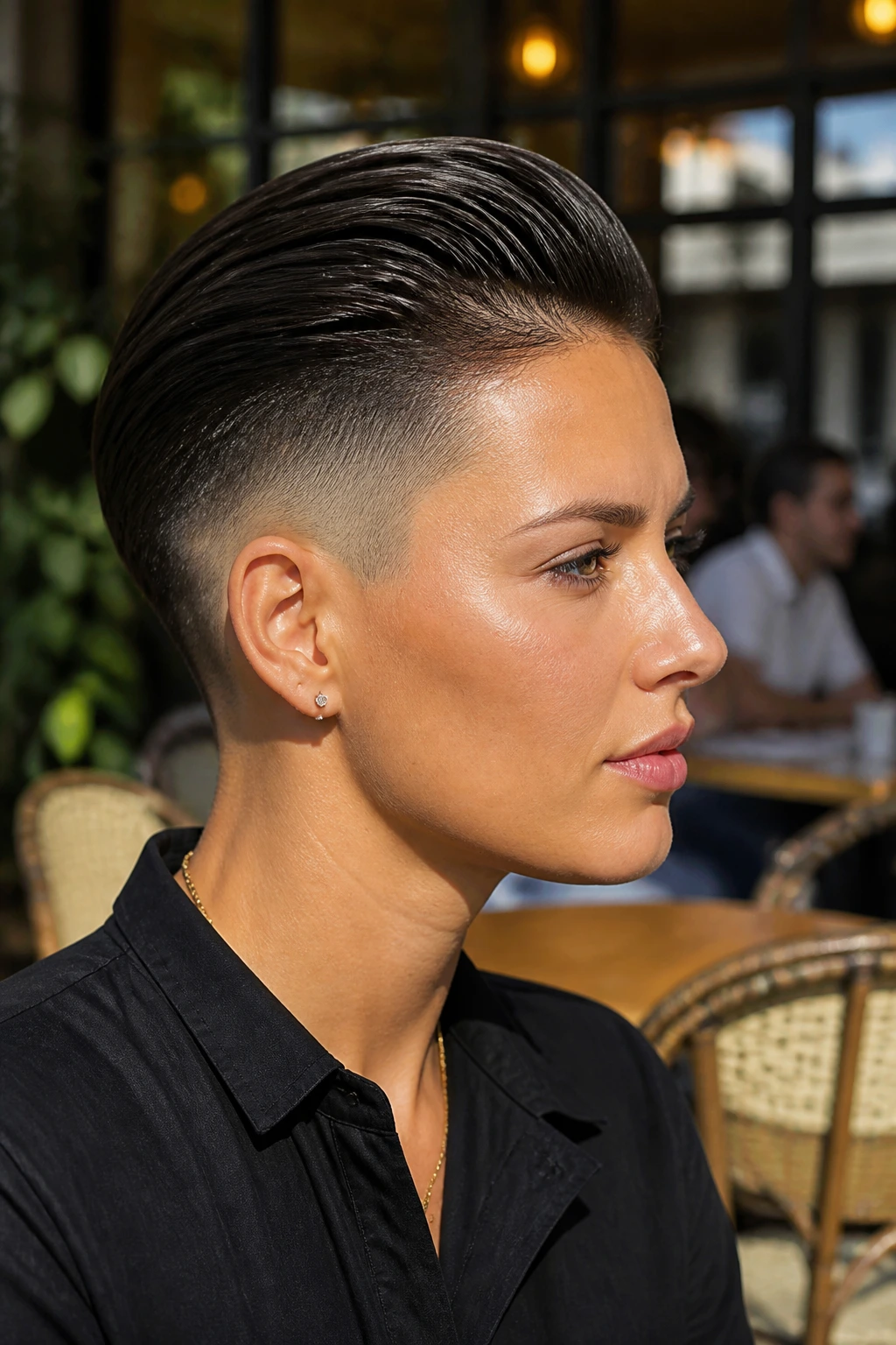 Close-up portrait of a real woman with temple fade and slicked-back top