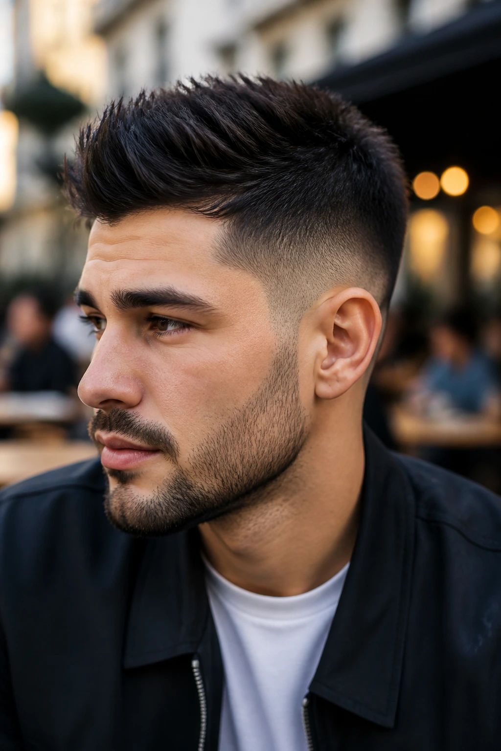 Close-up portrait of a real man with temple fade and textured spikes in a warm cafe setting