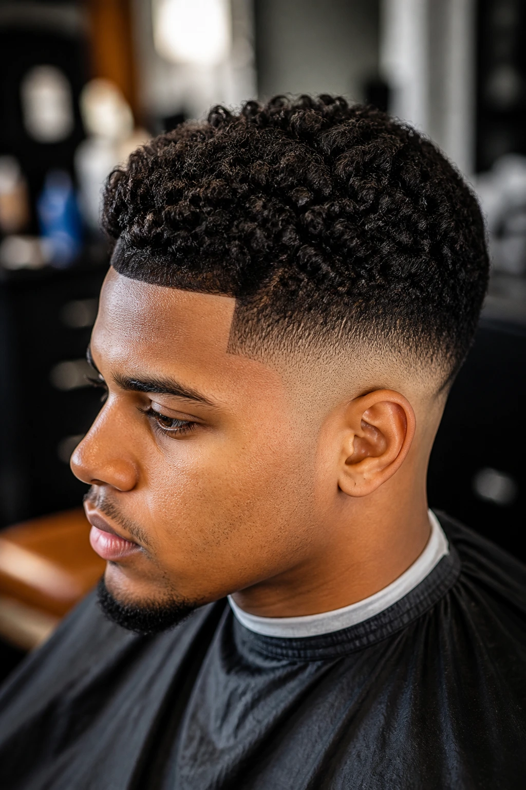 Close-up of a man showcasing temple fade with sponge curls on top