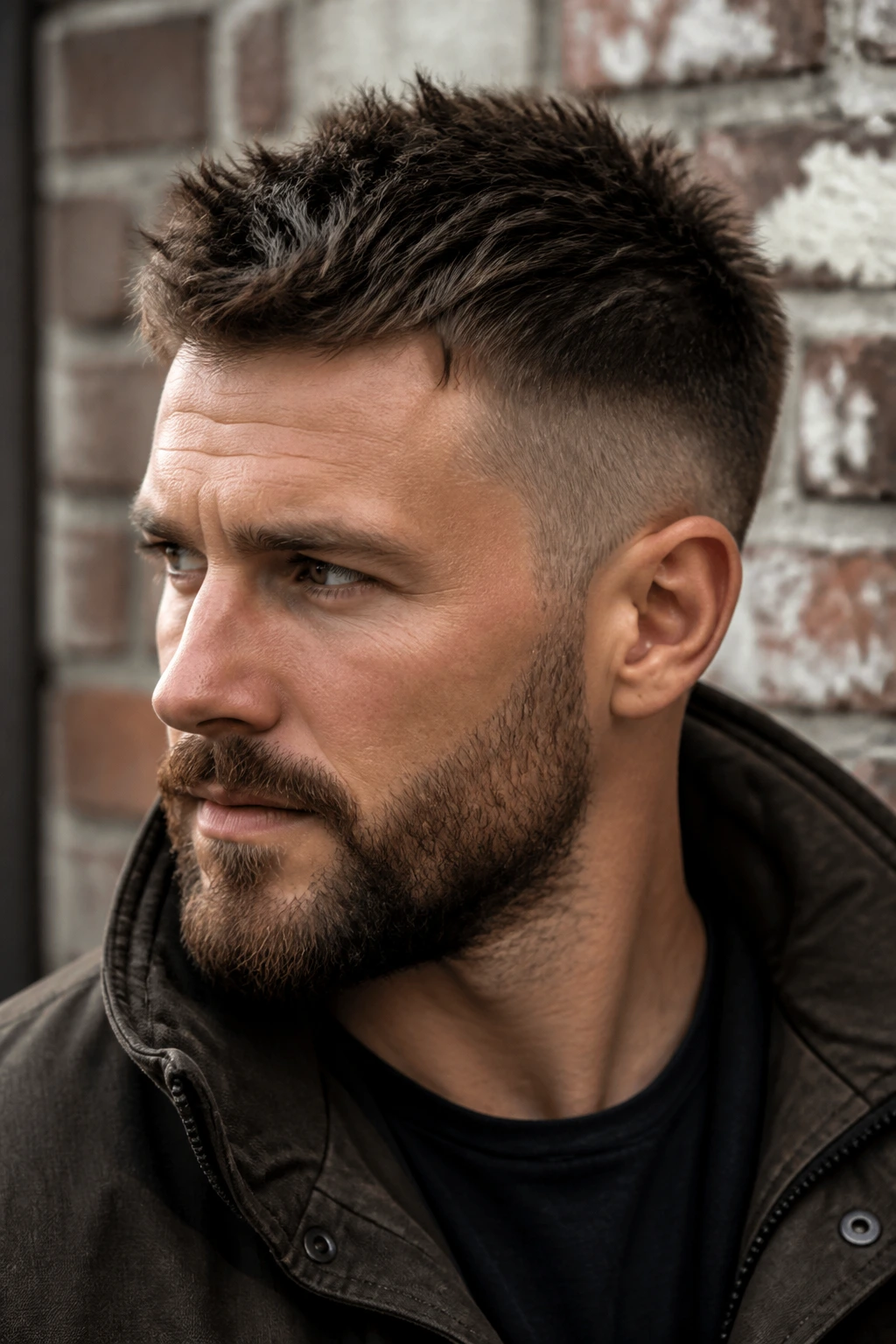 Portrait of man with temple fade and textured top, matte finish