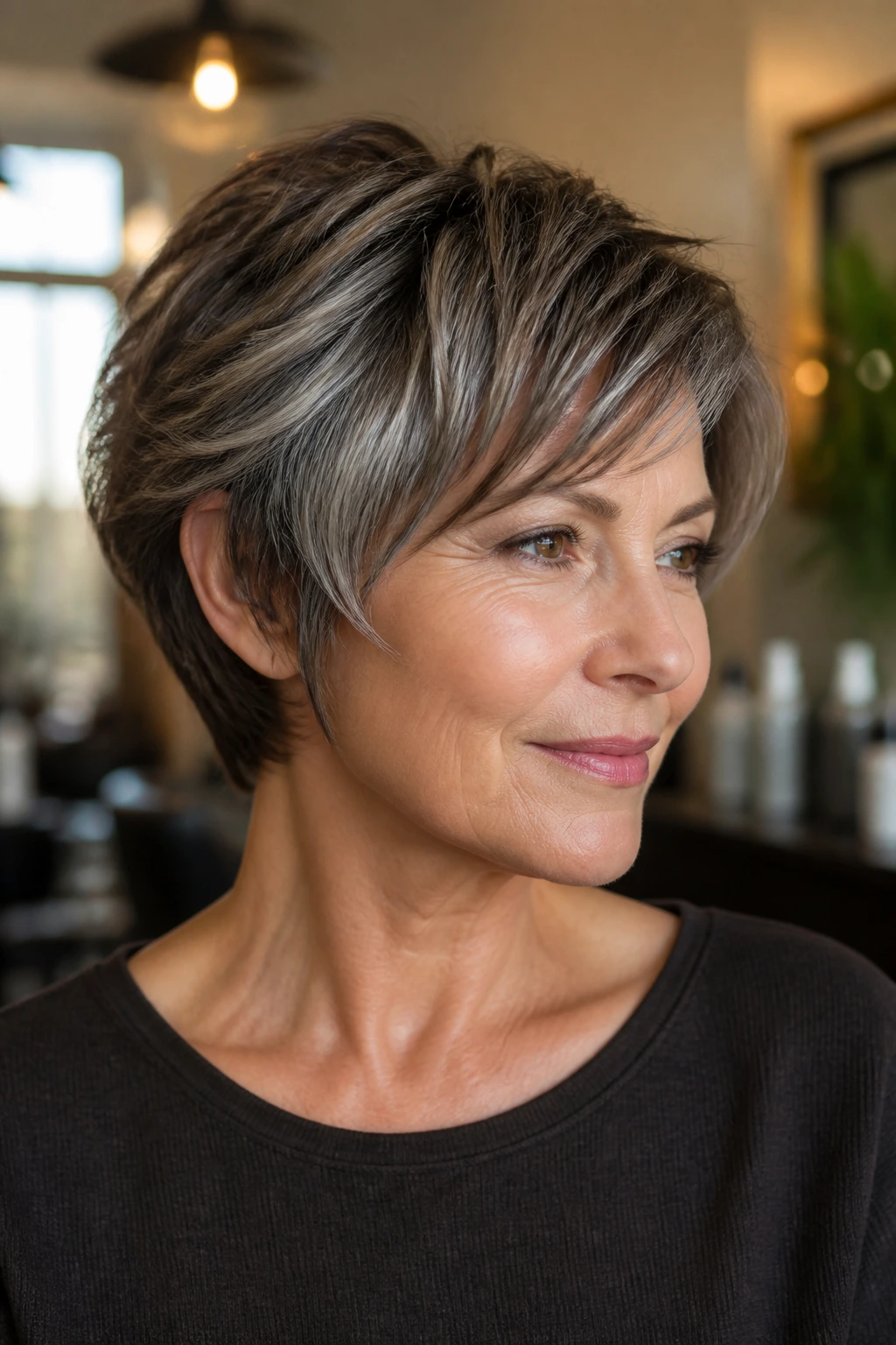Close-up of a real woman with temple-soft feathered pixie bob, soft ear edges and front swing.