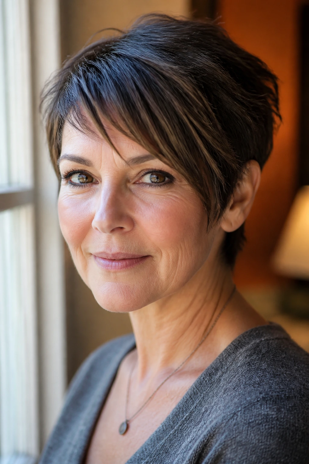 Close-up of a woman with temple-framing pixie haircut highlighting temple-length sides