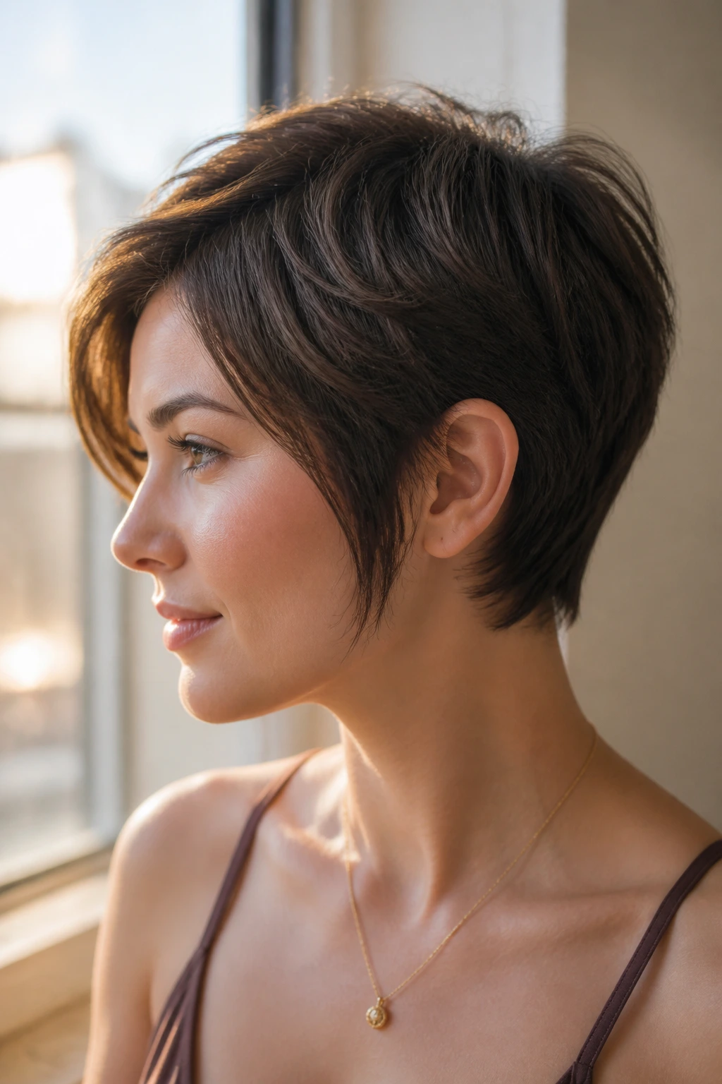 Side profile of woman with temple-framing pixie variation