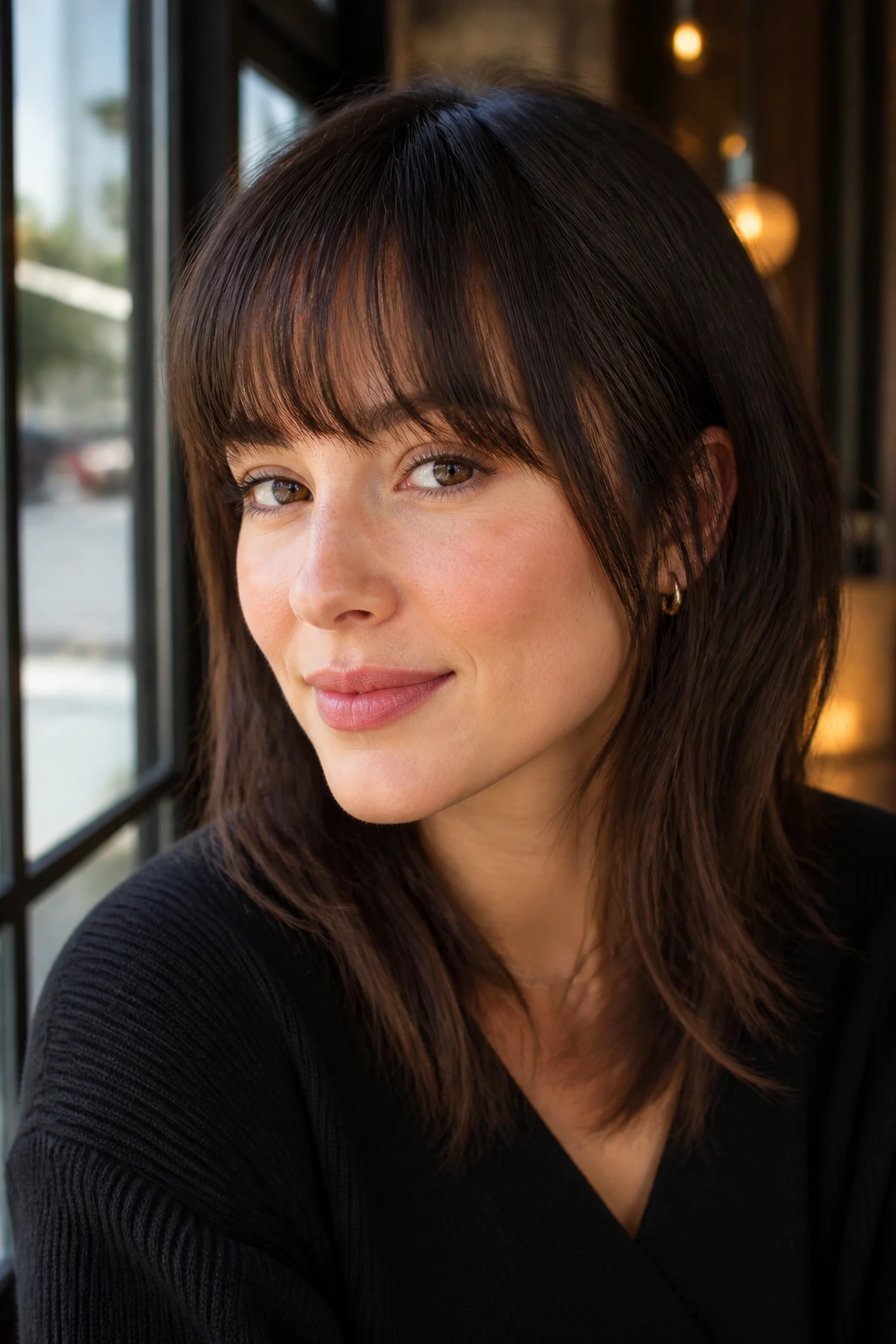Close-up portrait of a real person with temple-length bangs in warm cafe daylight