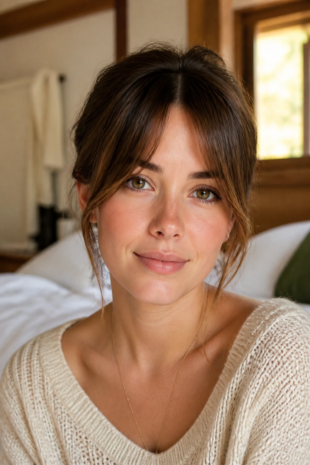 Close-up portrait of a real woman with temple-length bangs in a warm bedroom light