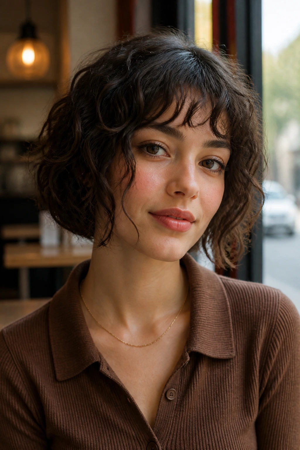 Close-up of a real woman with temple-length bangs slimming the sides