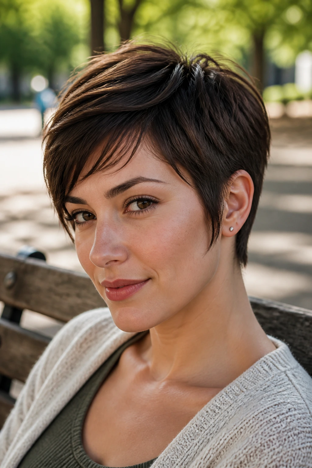 Portrait of a woman with temple-length pixie framing the face, sitting on a sunny park bench.