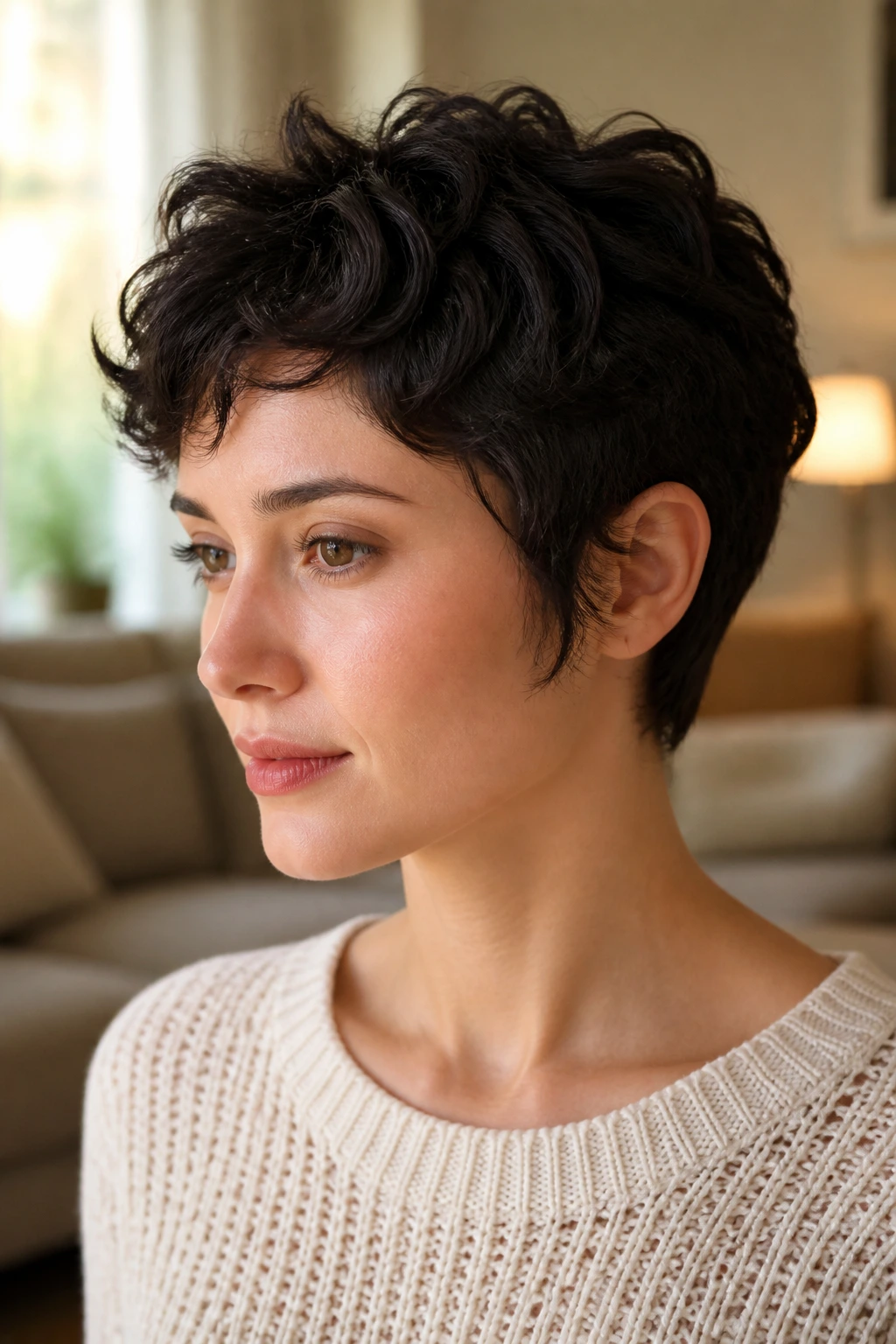 Real person with temple-length pixie in a softly lit living room