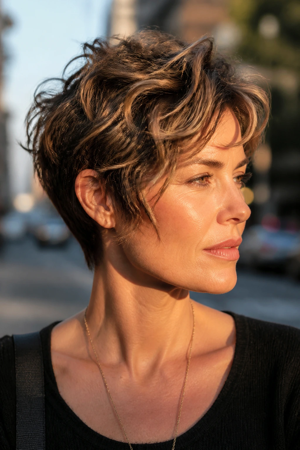 Profile of real woman with temple-length textured pixie.
