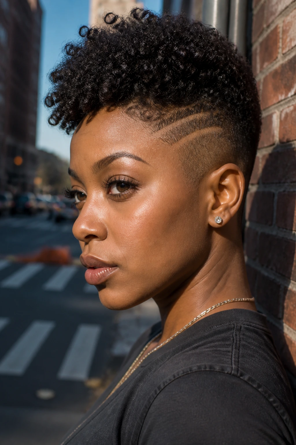 Close-up of shaved temple line transforming silhouette on real Black woman