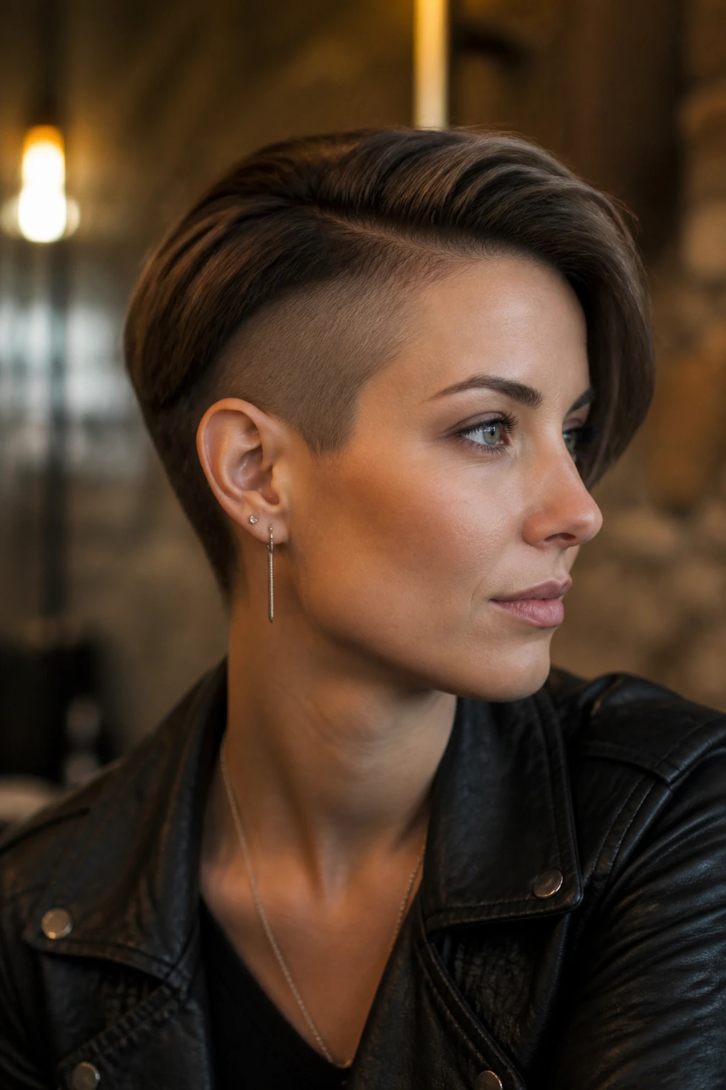 Portrait of a woman with temple-side pixie undercut clearly visible