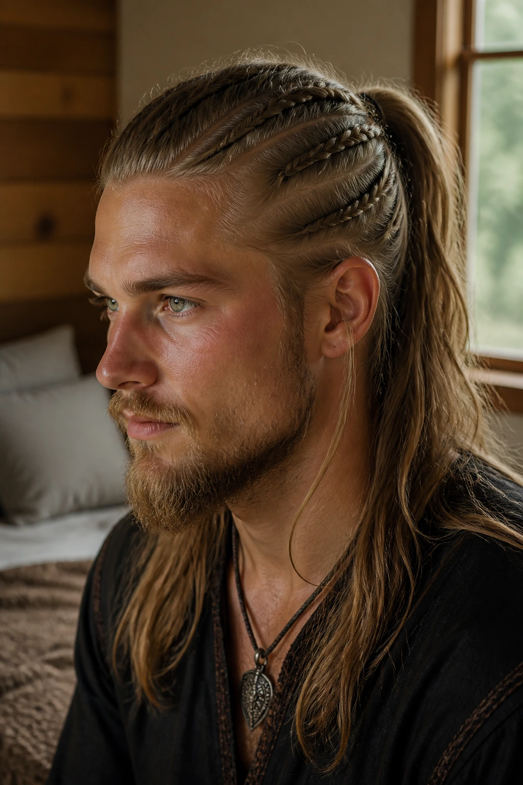 Close-up portrait of temple plaits merging into a ponytail on a real person in a cozy bedroom
