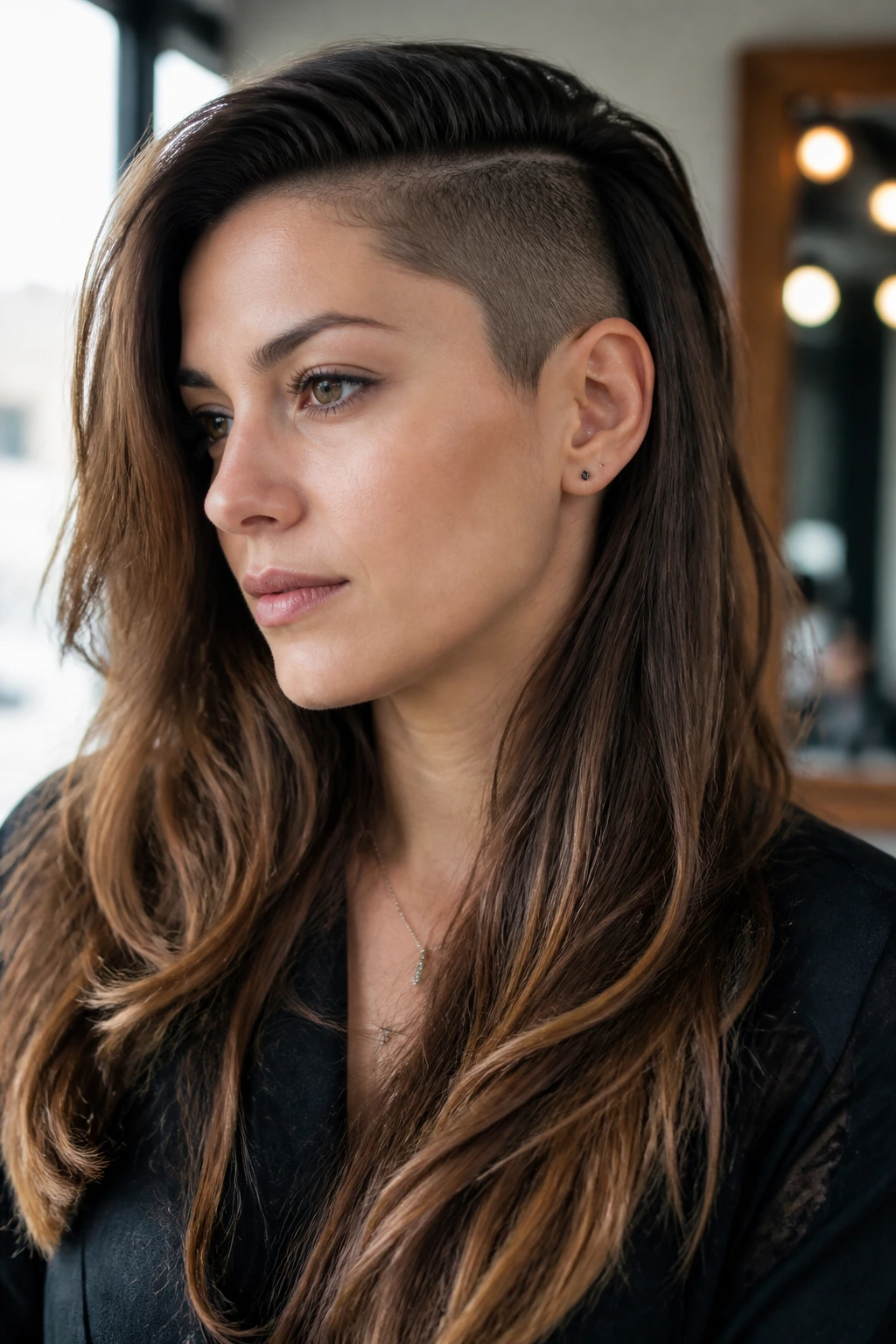 Close-up of a real person with dramatic long layers and a temple shave
