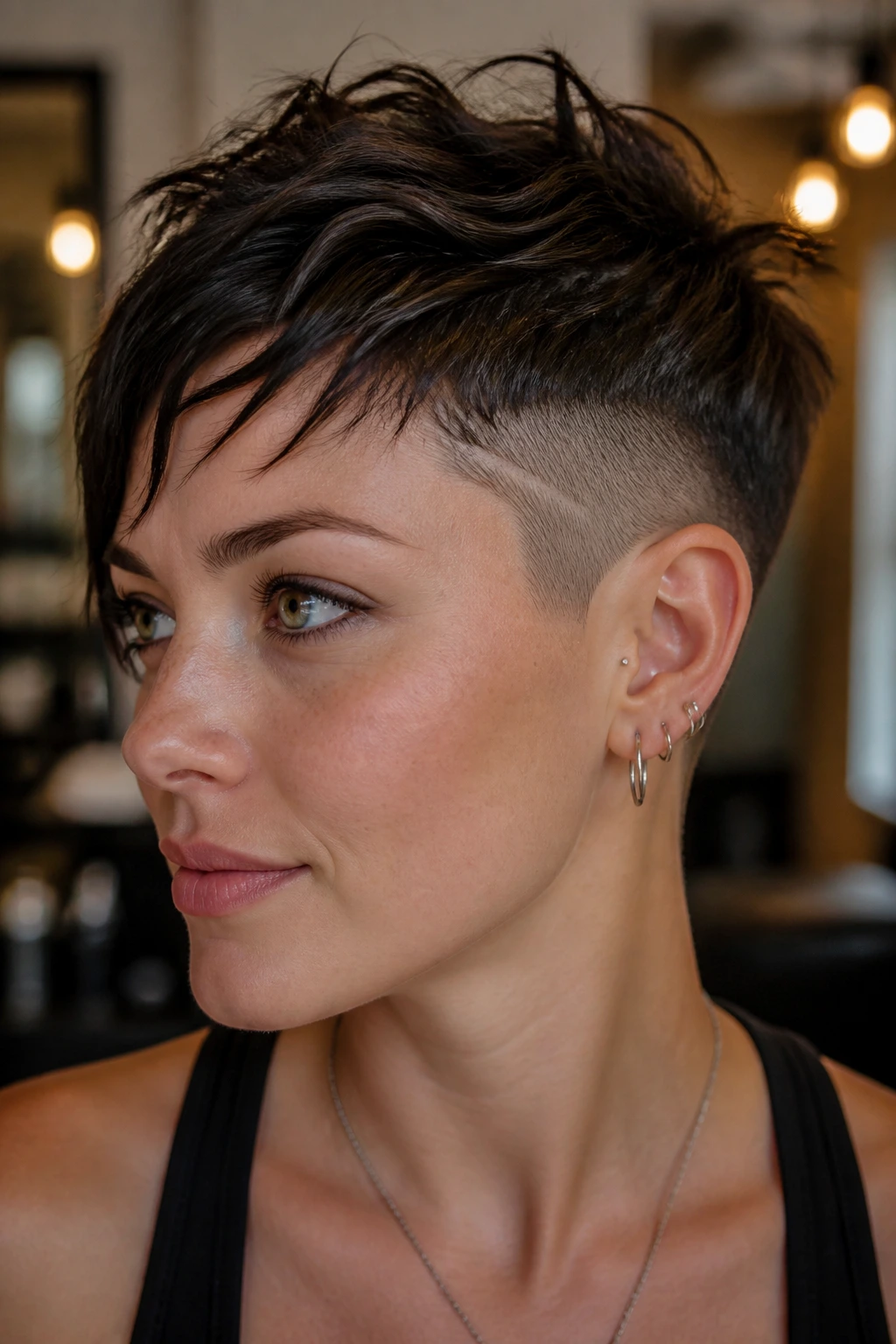 Portrait of a woman with temple-shaved pixie and piecey top