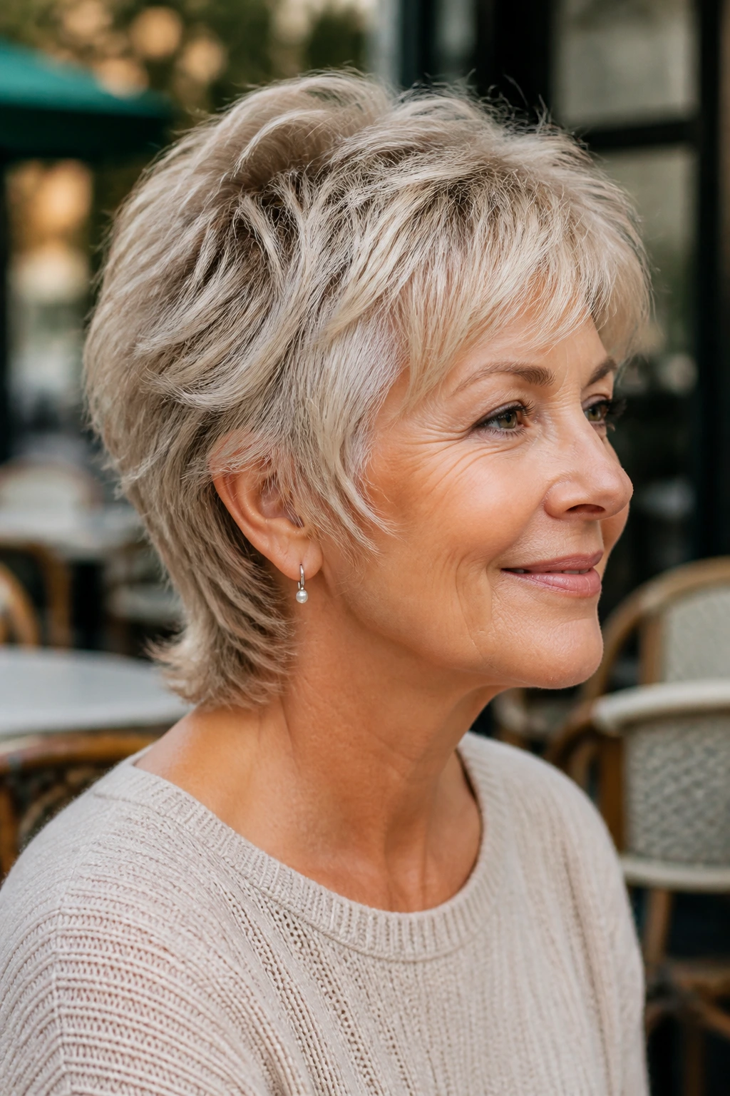 Close-up of an older woman with temple-soft pixie mullet and smooth temple transition