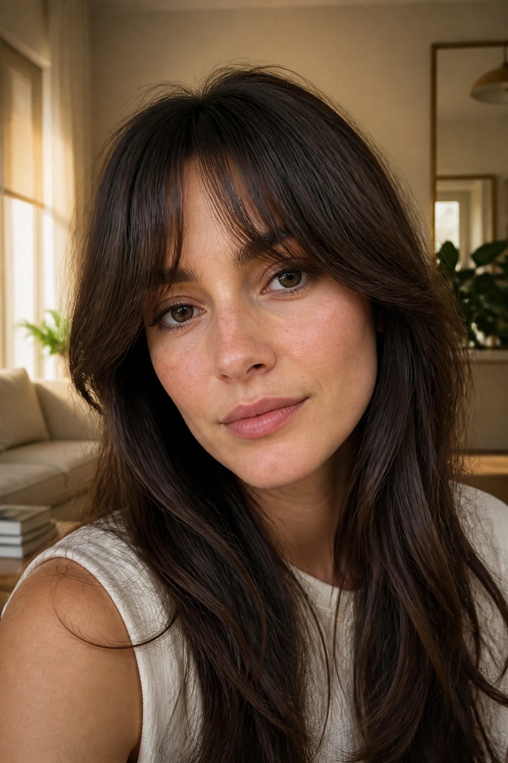 Close-up portrait of temple-softening curtain bangs framing a real woman's face.